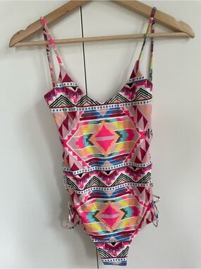 Billabong “Tribe Time” Neon Tribal Lace Up One Piece Swimsuit Size S